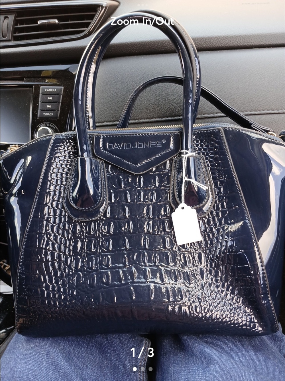David Jones Navy Patent Croc-Embossed Satchel Bag